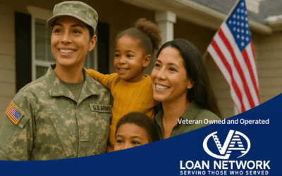 A smiling female Army soldier with her family in front of their new home, a benefit of their VA loan.