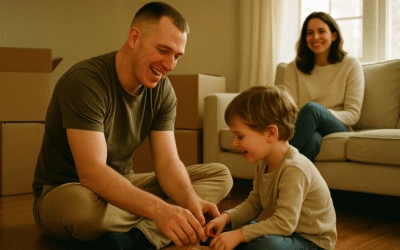 Veteran at new home playing with his son while mother watches