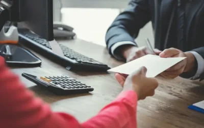 woman being handing a paper by a man at a desk