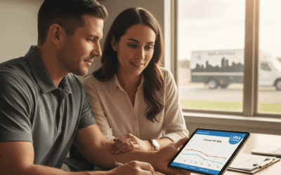 Veteran couple sitting at desk looking at computer
