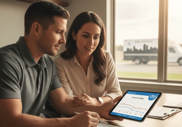veteran couple sitting at desk looking at computer