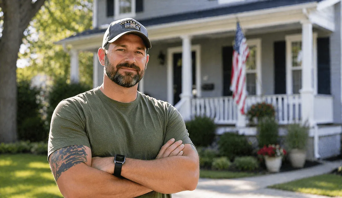 Veteran standing confidently in front of home