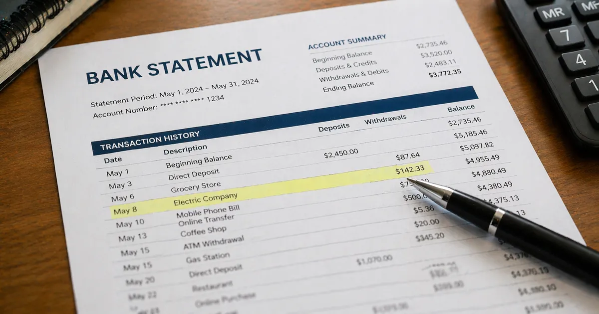 Bank statement showing VA loan deposit history