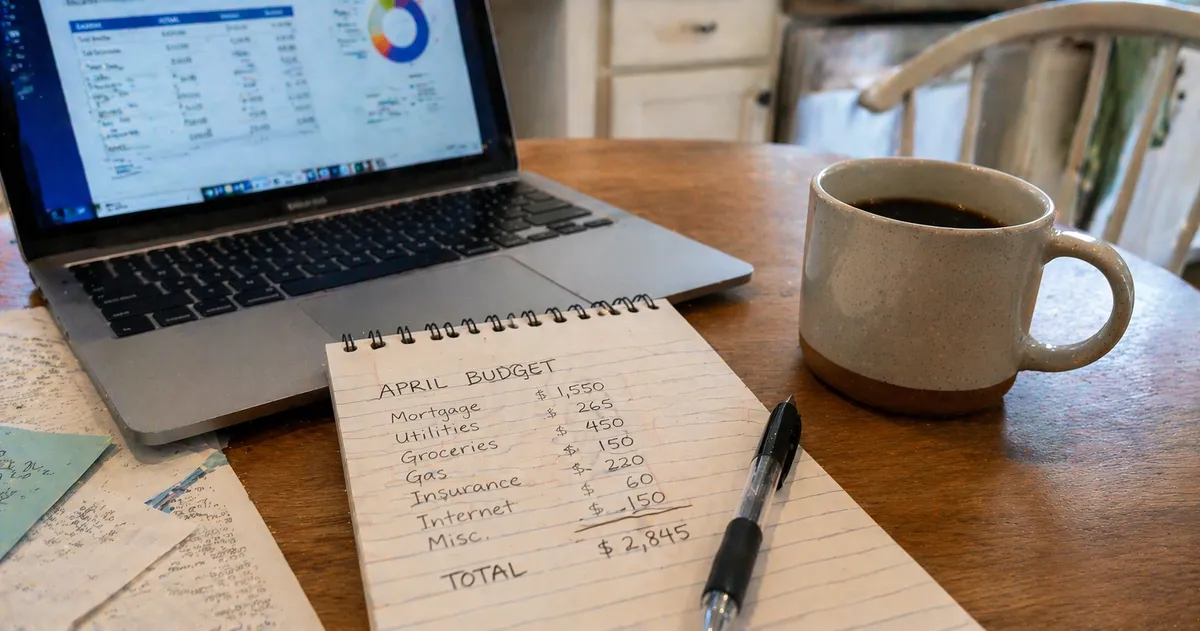 Budgeting for VA loan with notepad and laptop