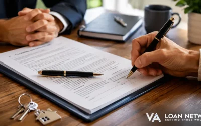 VA loan closing table with documents and pen