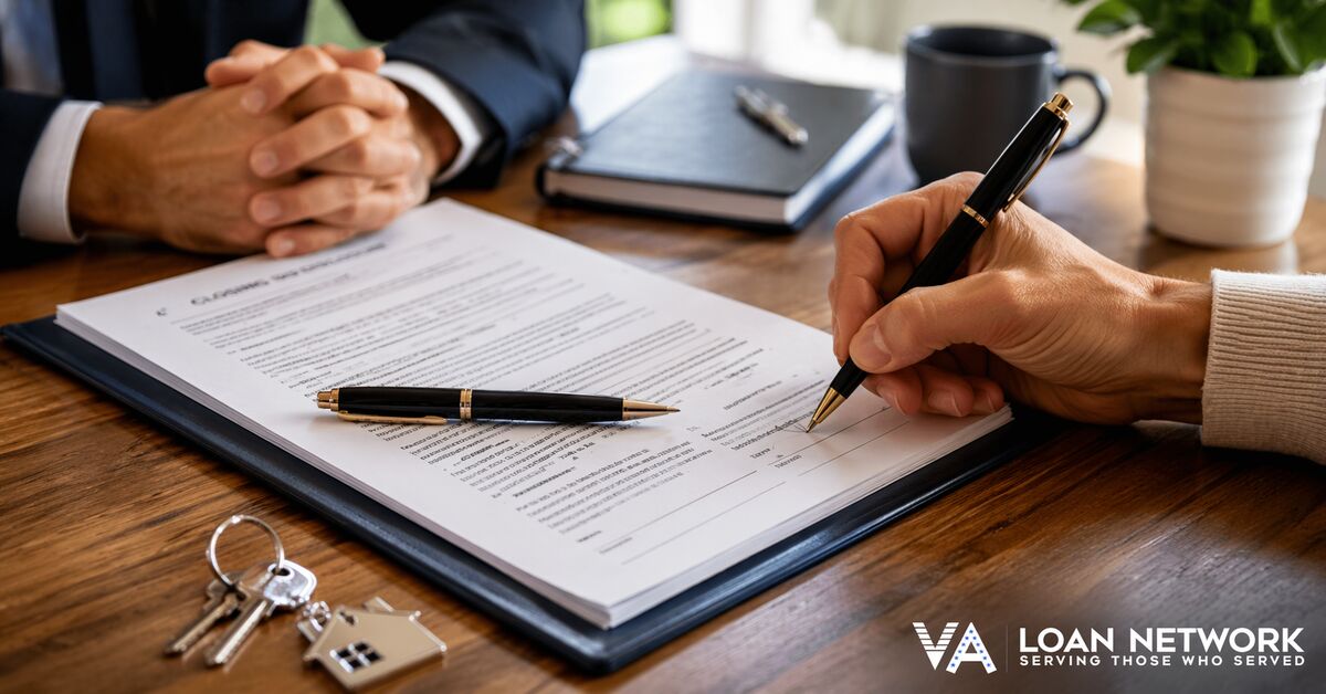 VA loan closing table with documents and pen