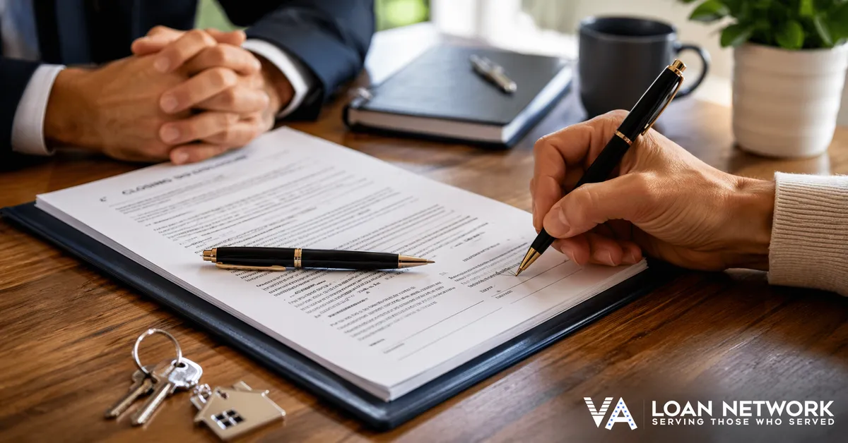 VA loan closing table with documents and pen