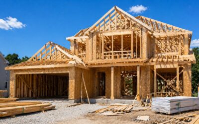 New home under construction with framing visible