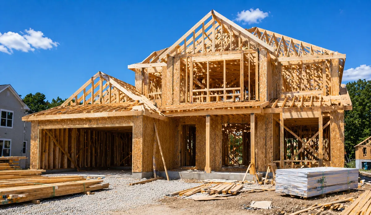 New home under construction with framing visible