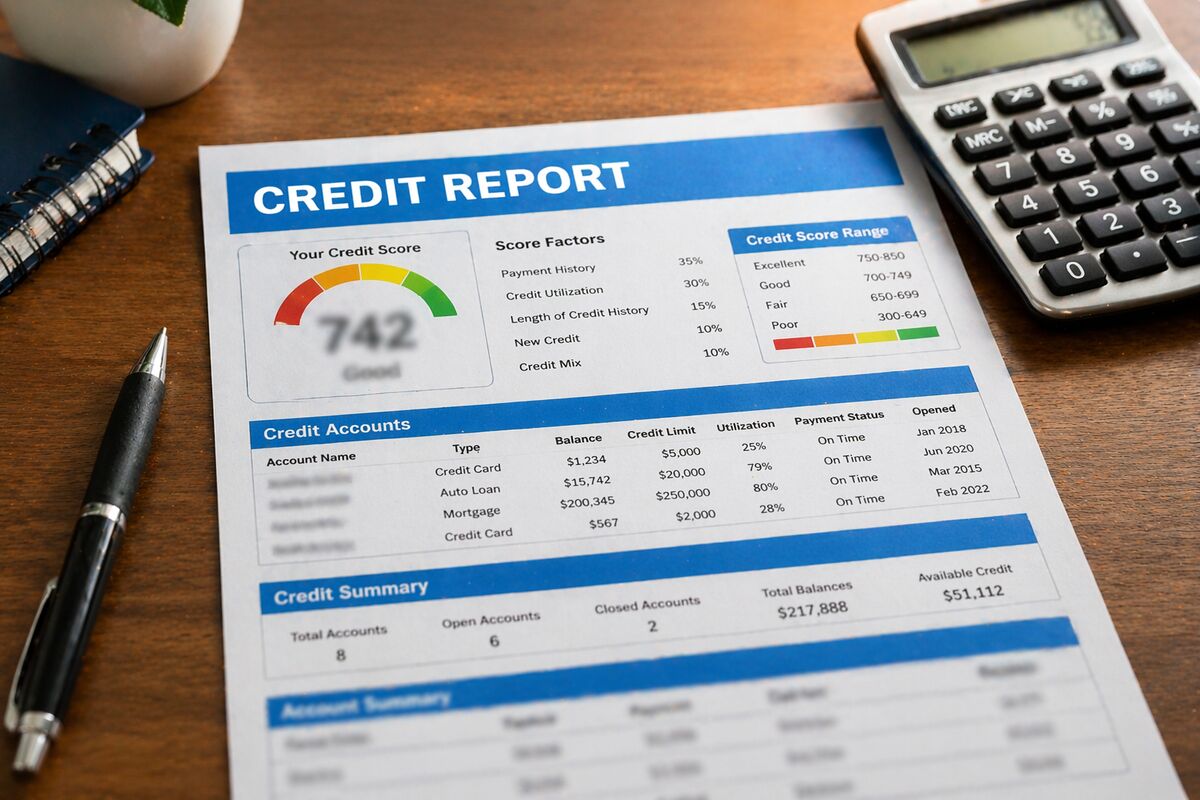 Credit report on desk with calculator and pen