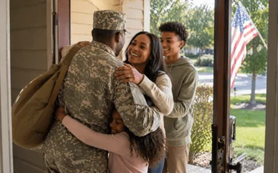 Military service member greeting family at home
