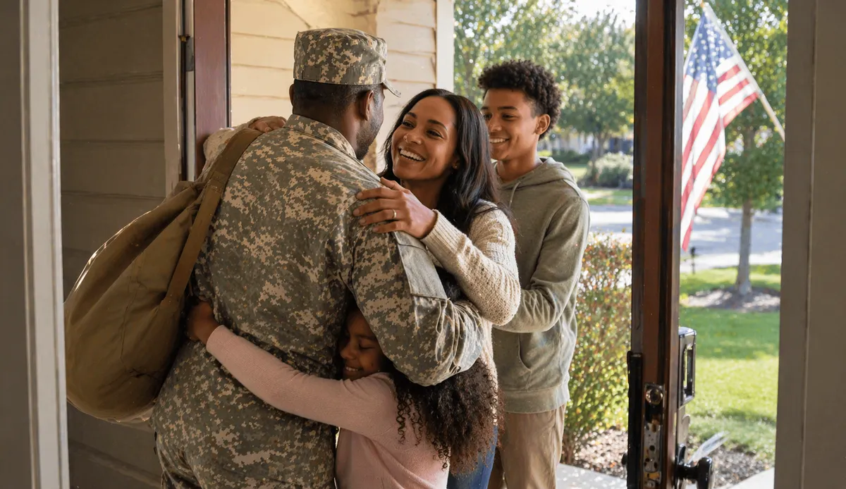 Military service member greeting family at home