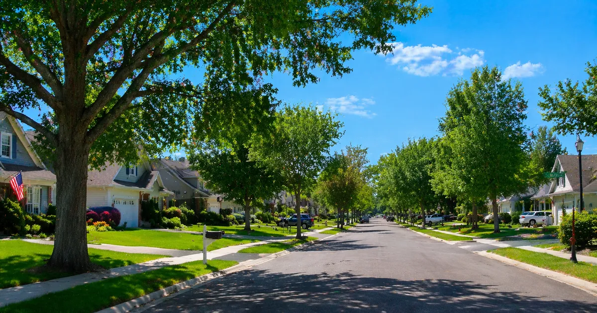 American suburban neighborhood street with homes