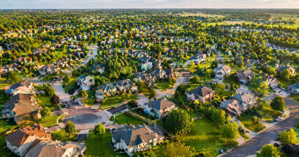 Aerial view of suburban neighborhood