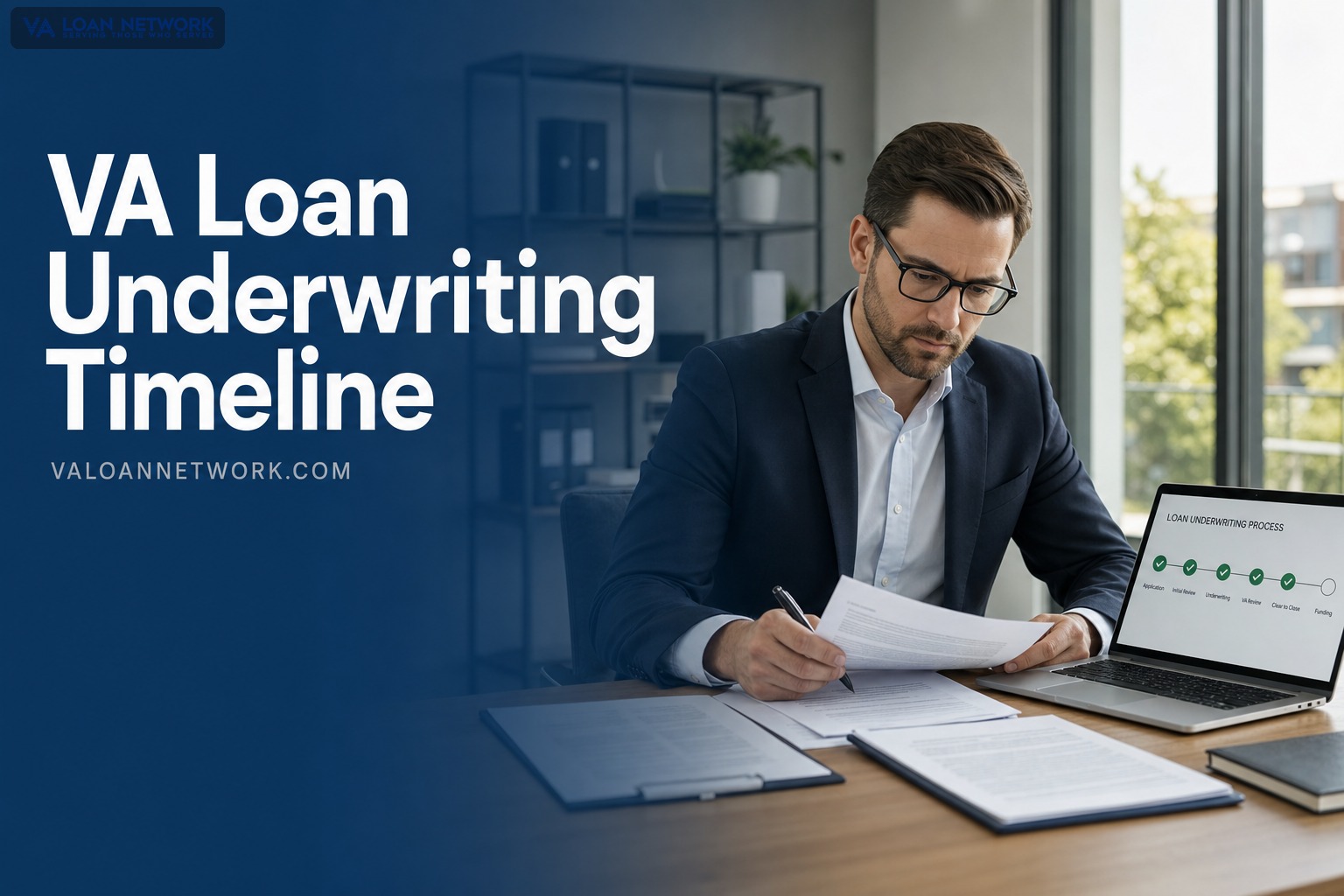 VA Loan Underwriting Timeline: loan officer reviewing mortgage documents with progress timeline